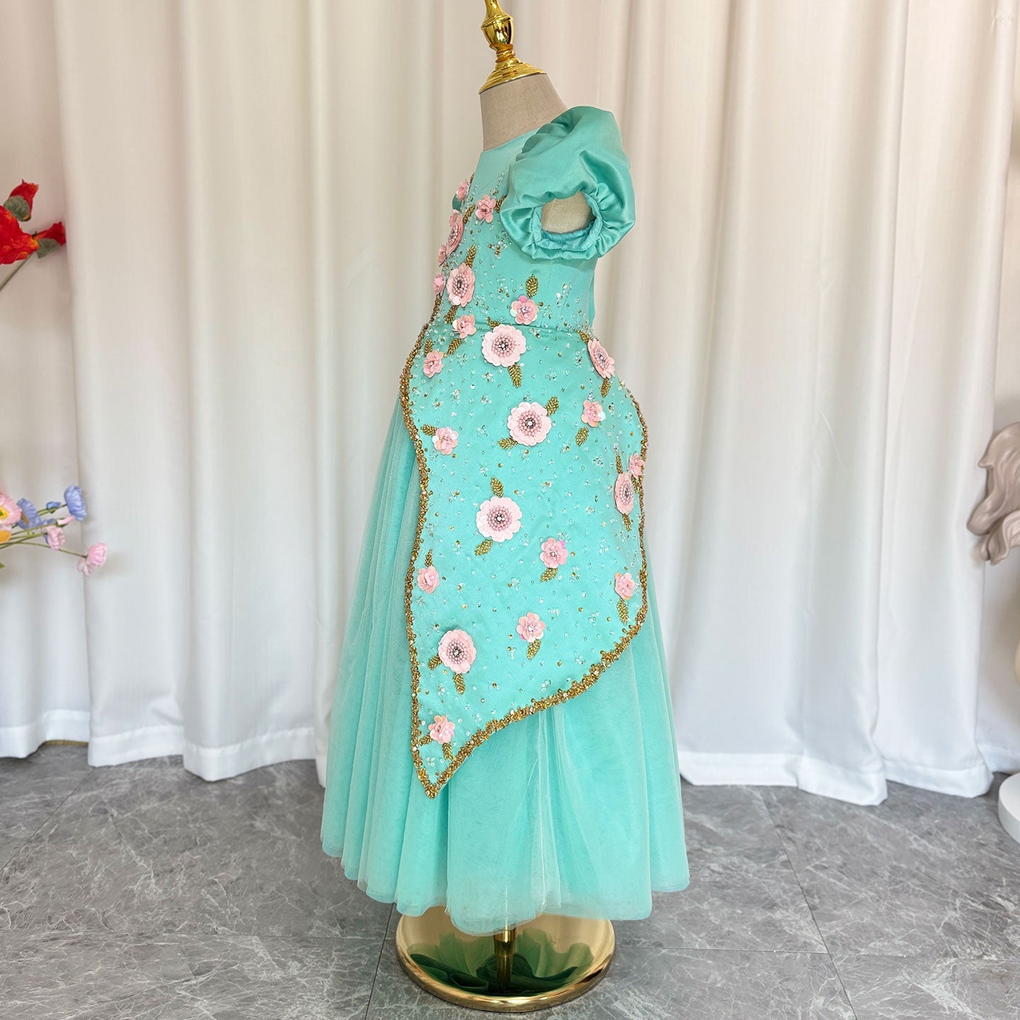 Luxury Turquoise Girl Dress Beadeds Arabic Nika Princess Kids J143