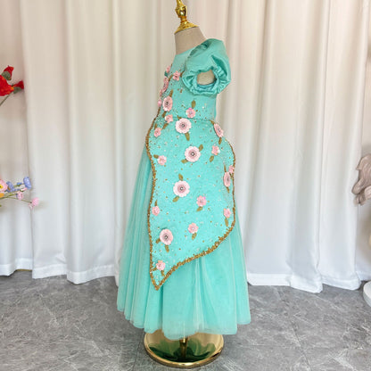 Luxury Turquoise Girl Dress Beadeds Arabic Nika Princess Kids J143