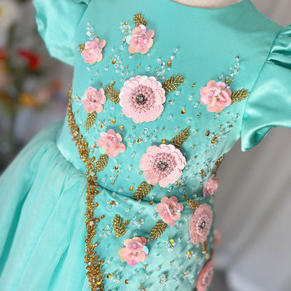 Luxury Turquoise Girl Dress Beadeds Arabic Nika Princess Kids J143
