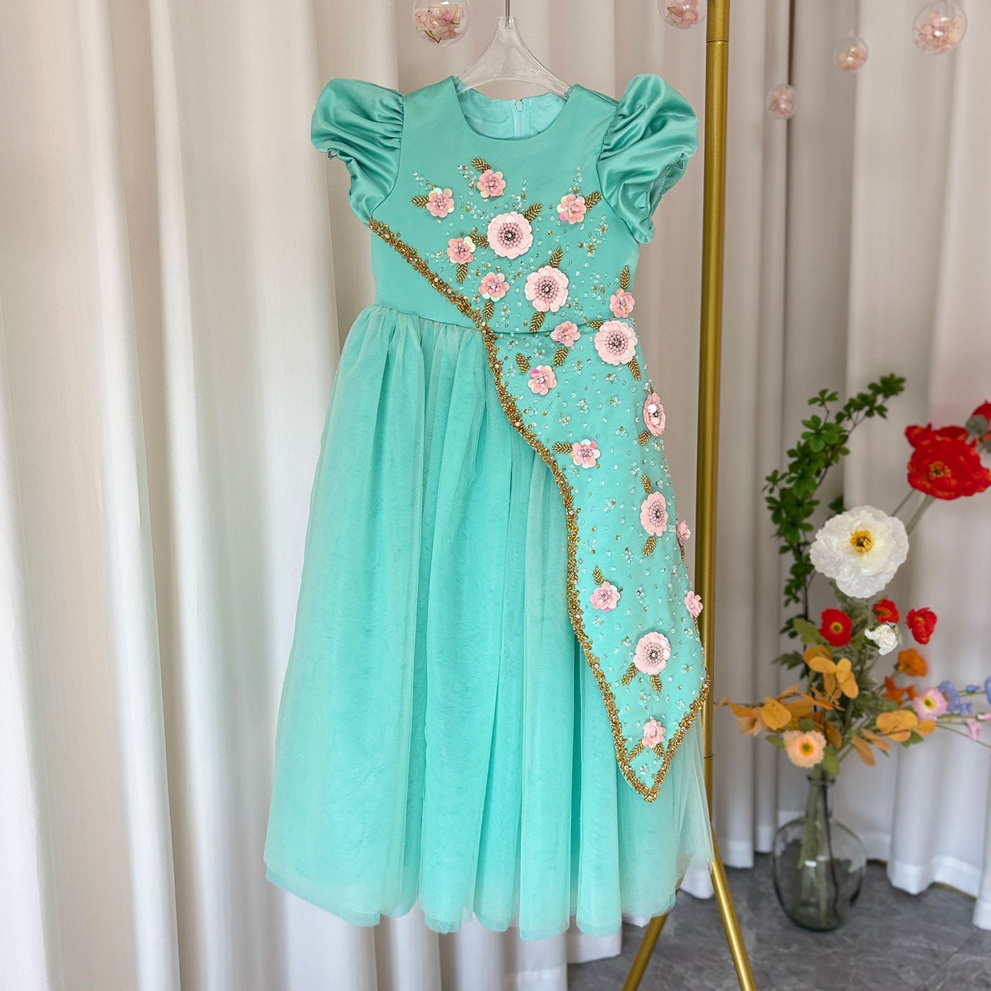 Luxury Turquoise Girl Dress Beadeds Arabic Nika Princess Kids J143