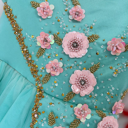 Luxury Turquoise Girl Dress Beadeds Arabic Nika Princess Kids J143