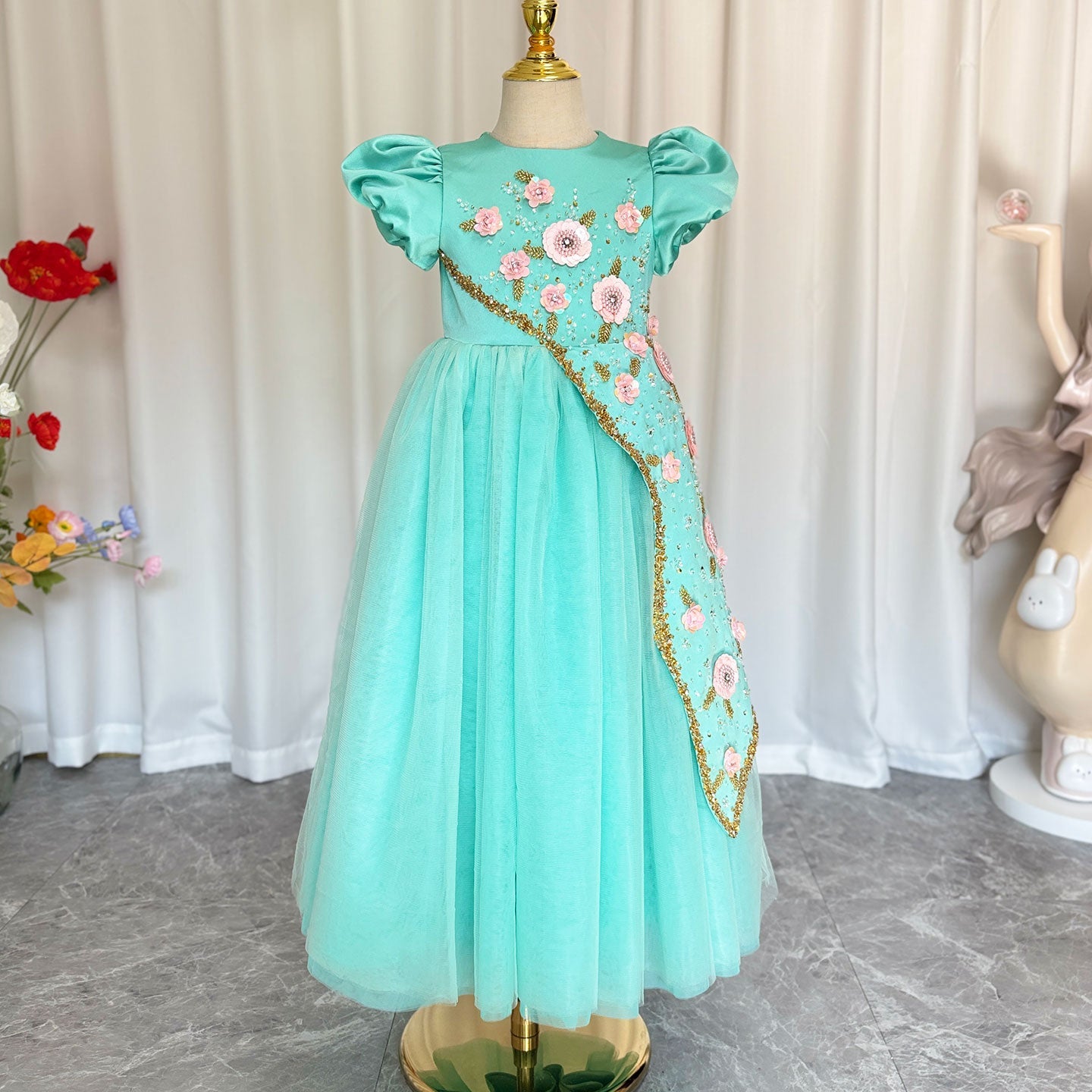 Luxury Turquoise Girl Dress Beadeds Arabic Nika Princess Kids J143