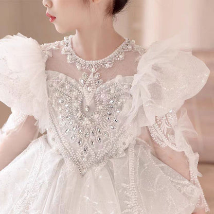 Luxury White Crystal Party Girl Dress Long Sleeve J324