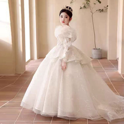 Luxury White Crystal Party Girl Dress Long Sleeve J324