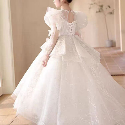 Luxury White Crystal Party Girl Dress Long Sleeve J324