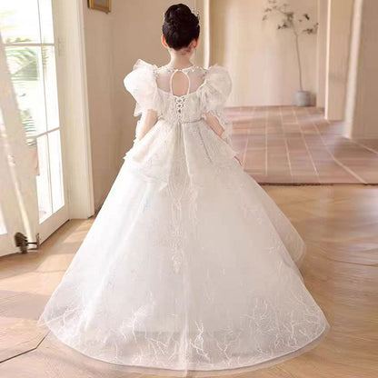 Luxury White Crystal Party Girl Dress Long Sleeve J324