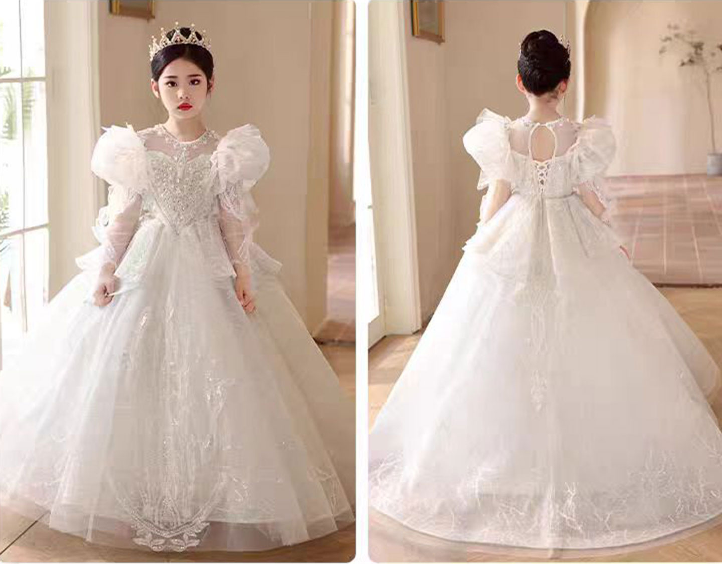 Luxury White Crystal Party Girl Dress Long Sleeve J324