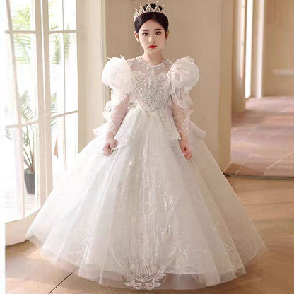 Luxury White Crystal Party Girl Dress Long Sleeve J324