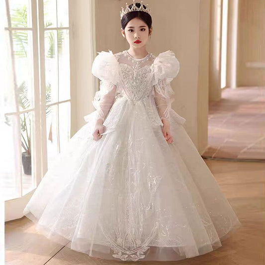 Luxury White Crystal Party Girl Dress Long Sleeve J324