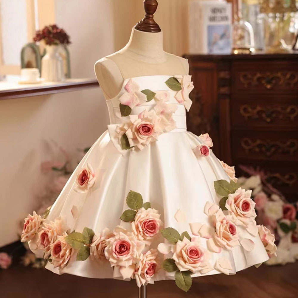 Luxury White Floral Girl Dress Handmade Flowers Princess J203