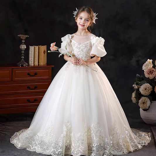 Luxury White Flower Girl Dress Appliques with Bow J346