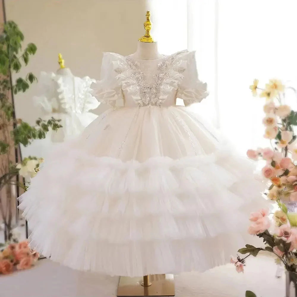 Luxury White Flower Girl Dress Sequined Princess Kids J245
