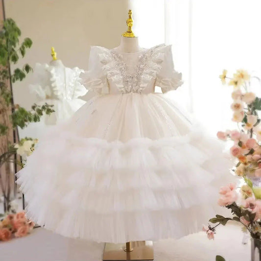 Luxury White Flower Girl Dress Sequined Princess Kids J245
