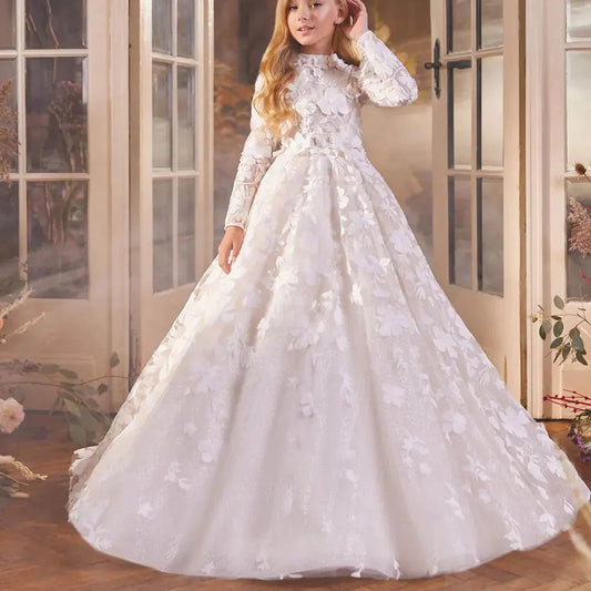 Luxury White Girl Dress 3D Flowers Princess Dubai Kids J293