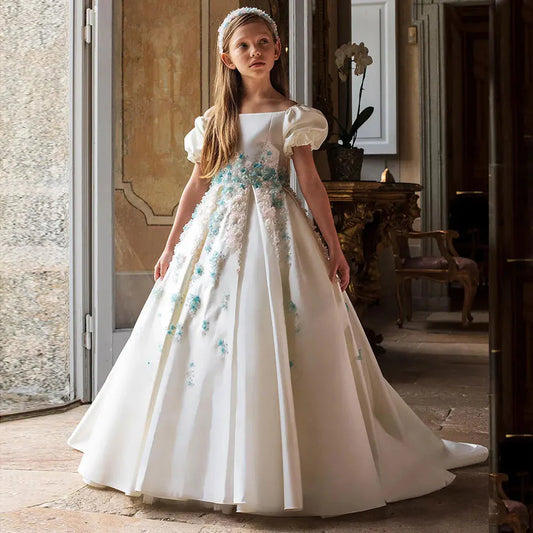 Luxury White Girl Dress 3D Flowers Satin Princess Dubai Kids J295