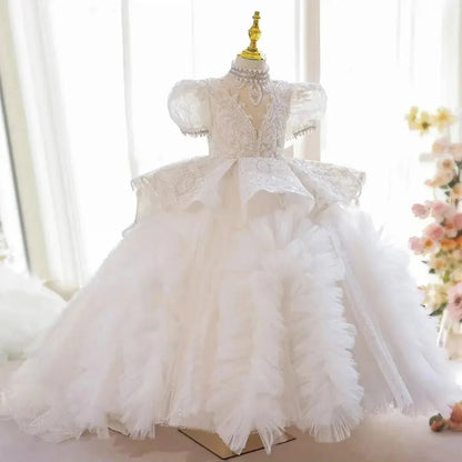 Luxury White Girl Dress Beaded Dubai Kids Princess Birthday J216