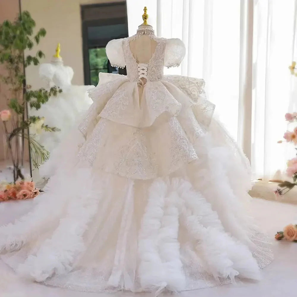 Luxury White Girl Dress Beaded Dubai Kids Princess Birthday J216