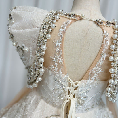 Luxury White Girl Dress Beaded Pearls Dubai Kids Princess Birthday J112
