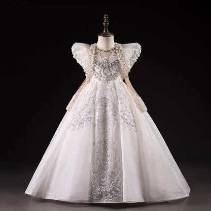 Luxury White Girl Dress Beaded Pearls Dubai Kids Princess Birthday J112