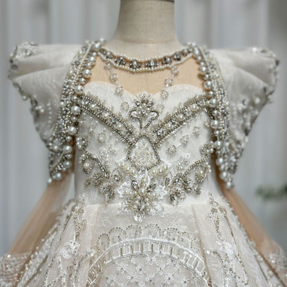 Luxury White Girl Dress Beaded Pearls Dubai Kids Princess Birthday J112
