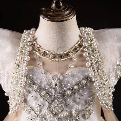 Luxury White Girl Dress Beaded Pearls Dubai Kids Princess Birthday J112