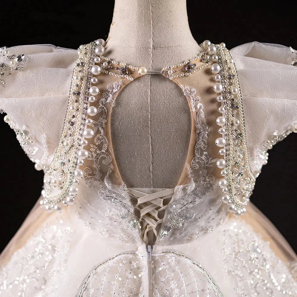 Luxury White Girl Dress Beaded Pearls Dubai Kids Princess Birthday J112