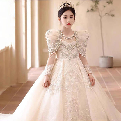 Luxury White Girl Dress Beaded Pearls Dubai Kids Princess Birthday J112