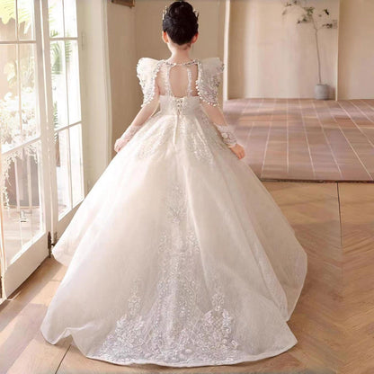 Luxury White Girl Dress Beaded Pearls Dubai Kids Princess Birthday J112