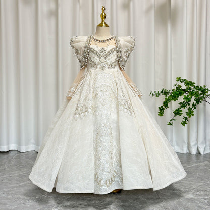 Luxury White Girl Dress Beaded Pearls Dubai Kids Princess Birthday J112