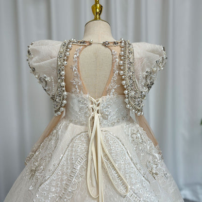 Luxury White Girl Dress Beaded Pearls Dubai Kids Princess Birthday J112