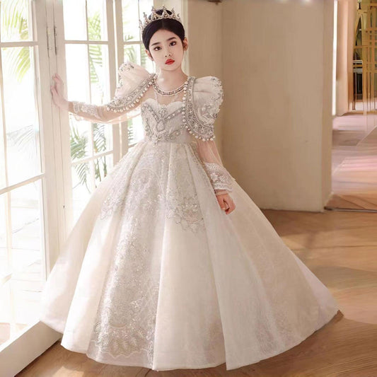 Luxury White Girl Dress Beaded Pearls Dubai Kids Princess Birthday J112