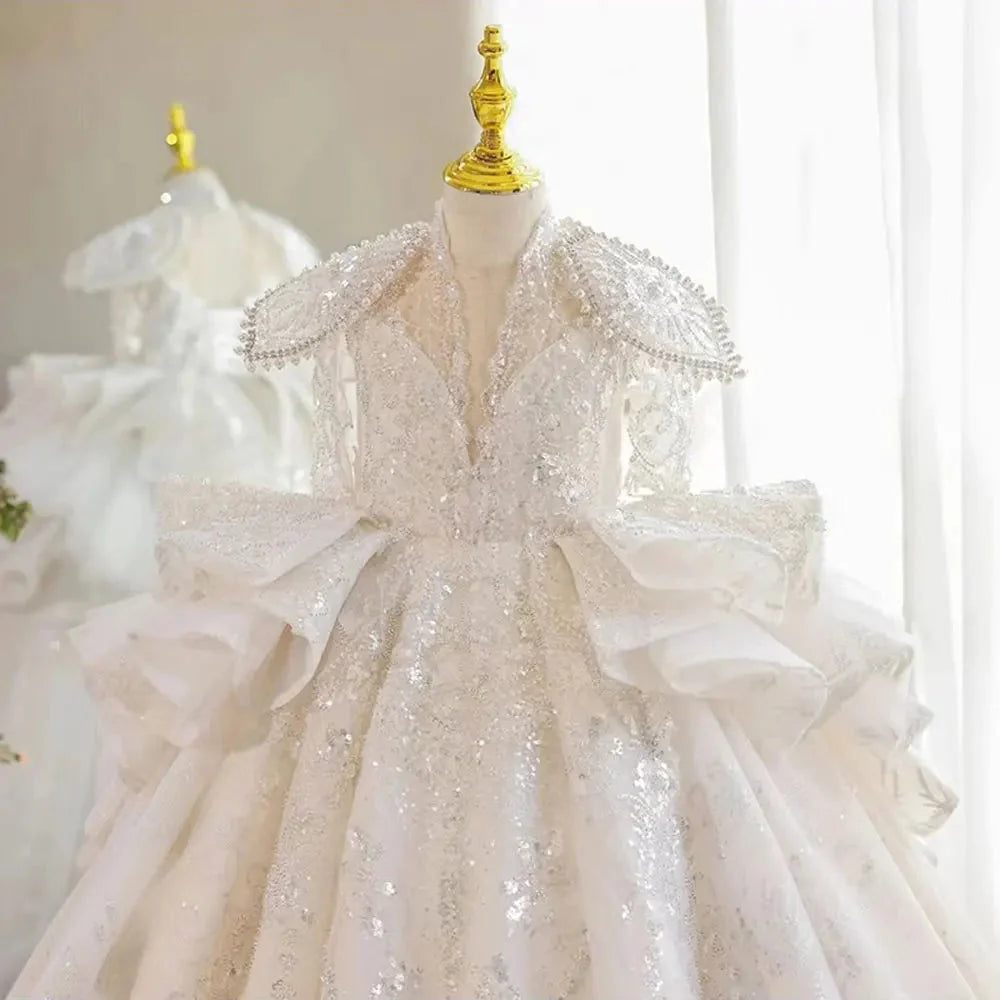 Luxury White Girl Dress Beaded Sequined Dubai Kids Princess J213