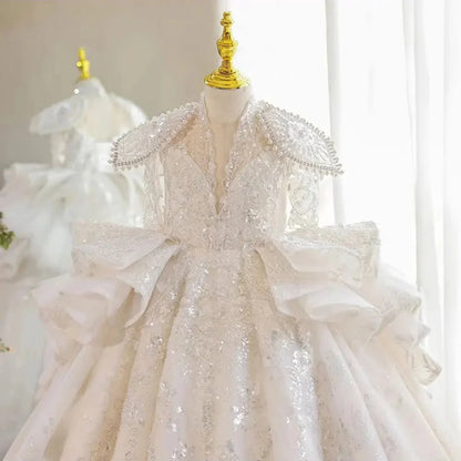 Luxury White Girl Dress Beaded Sequined Dubai Kids Princess J213