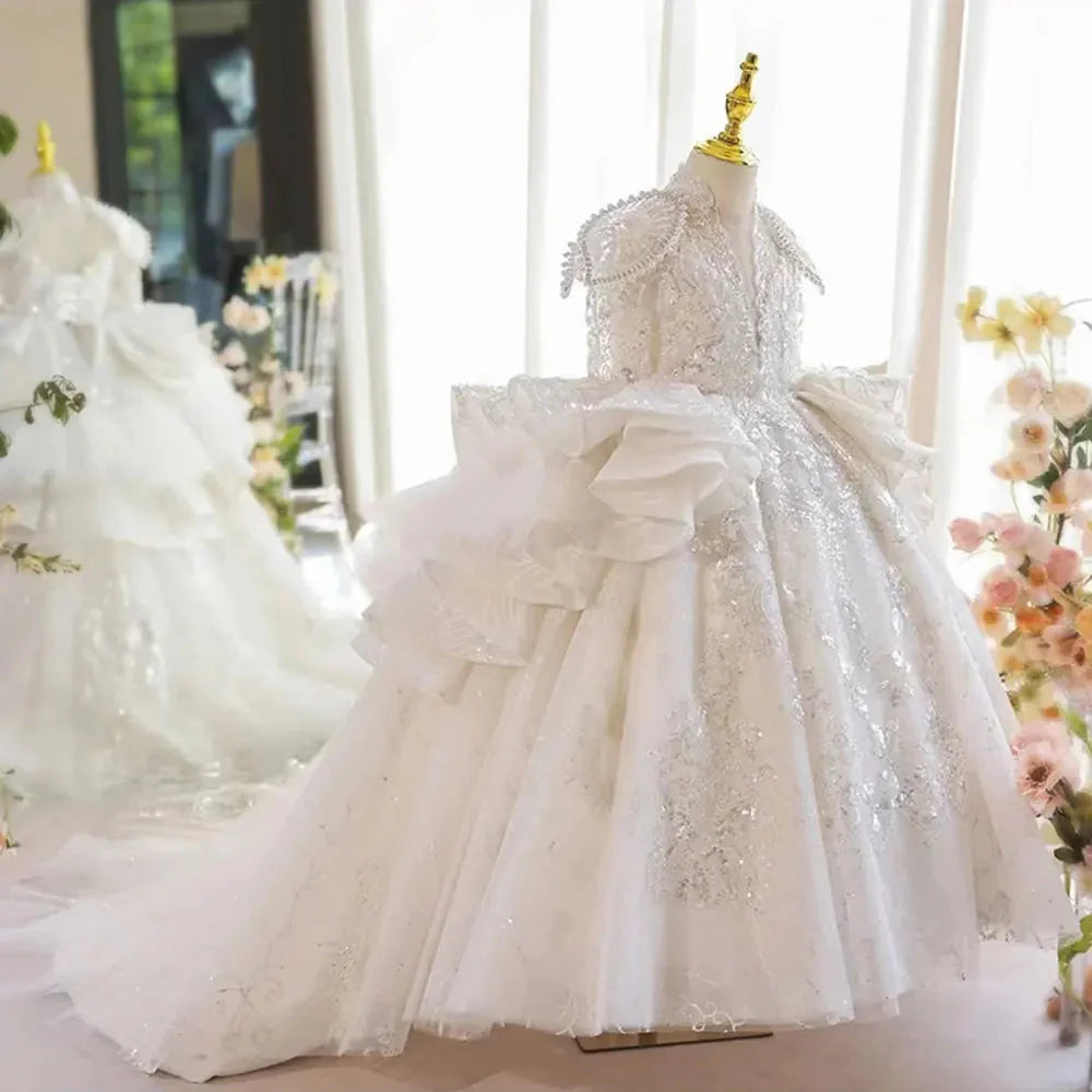 Luxury White Girl Dress Beaded Sequined Dubai Kids Princess J213