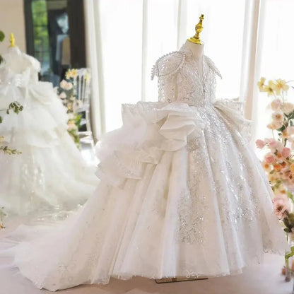 Luxury White Girl Dress Beaded Sequined Dubai Kids Princess J213