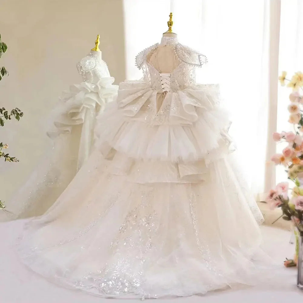 Luxury White Girl Dress Beaded Sequined Dubai Kids Princess J213