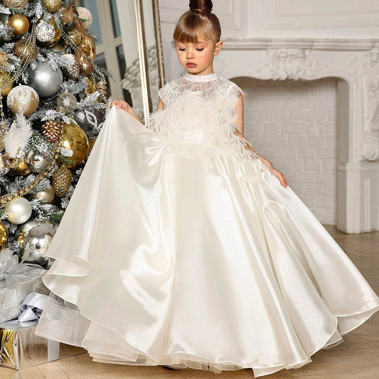 Luxury White Girl Dress Beads Feathers Kids for First Communion J398