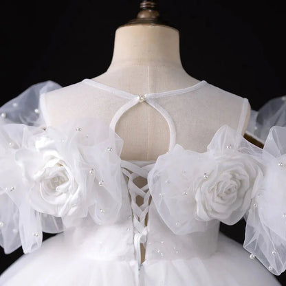 Luxury White Girl Dress Handmade Flowers Arabic Princess J005