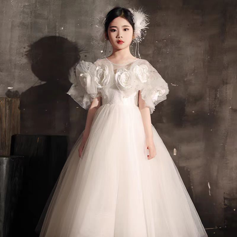 Luxury White Girl Dress Handmade Flowers Arabic Princess J005