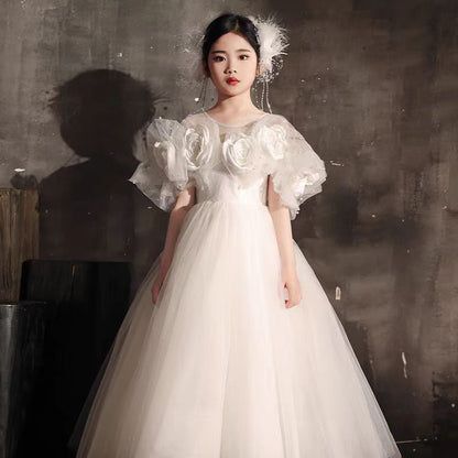 Luxury White Girl Dress Handmade Flowers Arabic Princess J005