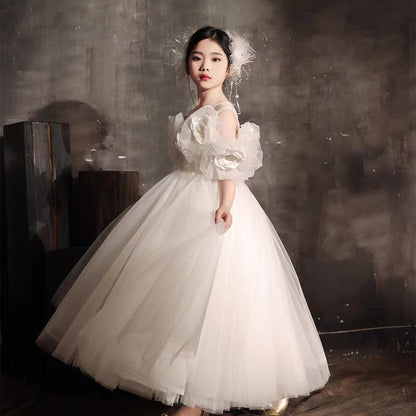 Luxury White Girl Dress Handmade Flowers Arabic Princess J005