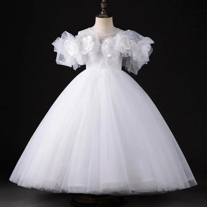 Luxury White Girl Dress Handmade Flowers Arabic Princess J005