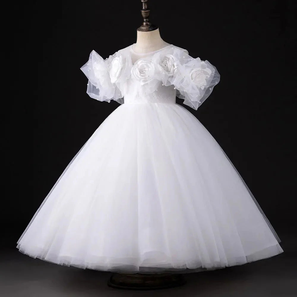 Luxury White Girl Dress Handmade Flowers Arabic Princess J005