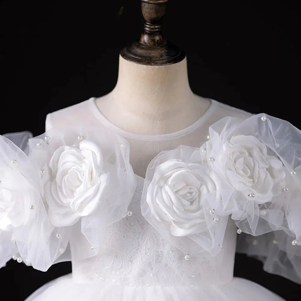 Luxury White Girl Dress Handmade Flowers Arabic Princess J005