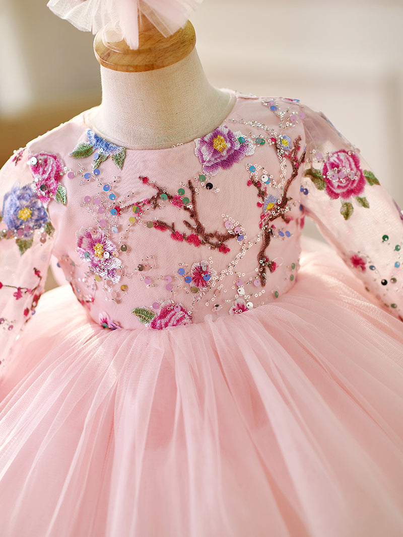 Pink Baby Lace Long Sleeve Adorable Baby Birthday Girl Dress J054