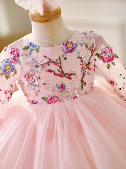 Pink Baby Lace Long Sleeve Adorable Baby Birthday Girl Dress J054