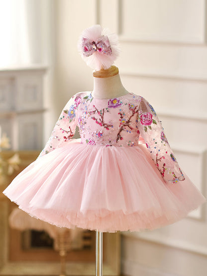 Pink Baby Lace Long Sleeve Adorable Baby Birthday Girl Dress J054