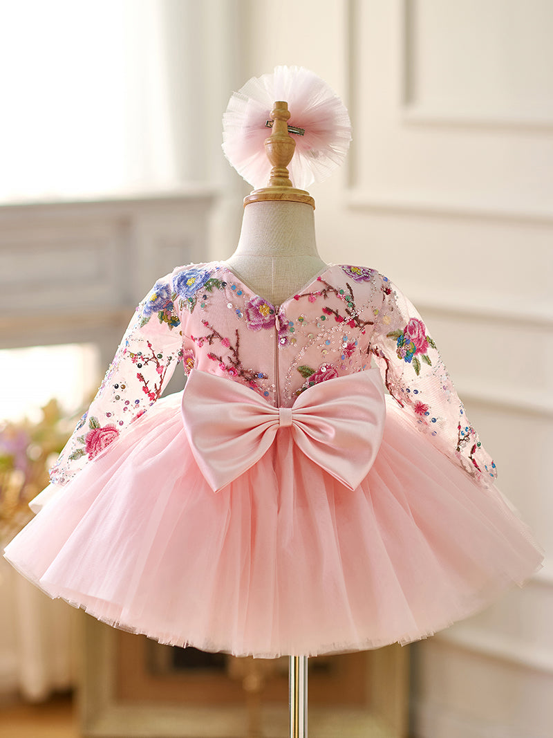 Pink Baby Lace Long Sleeve Adorable Baby Birthday Girl Dress J054