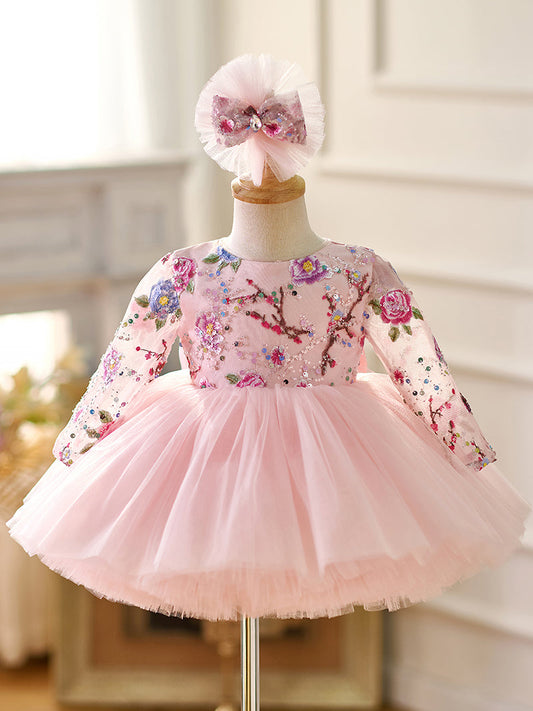 Pink Baby Lace Long Sleeve Adorable Baby Birthday Girl Dress J054