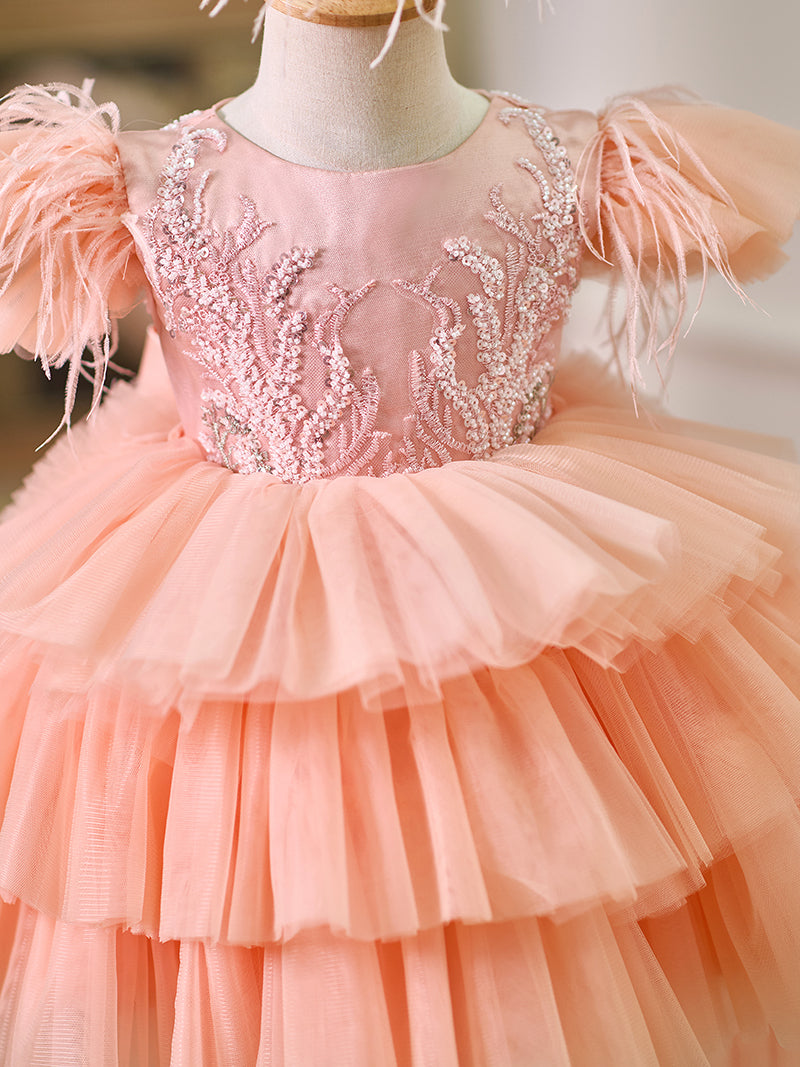 Pink Baby Puffy Sleeve Beads Knee Length Birthday Girl Dress J045